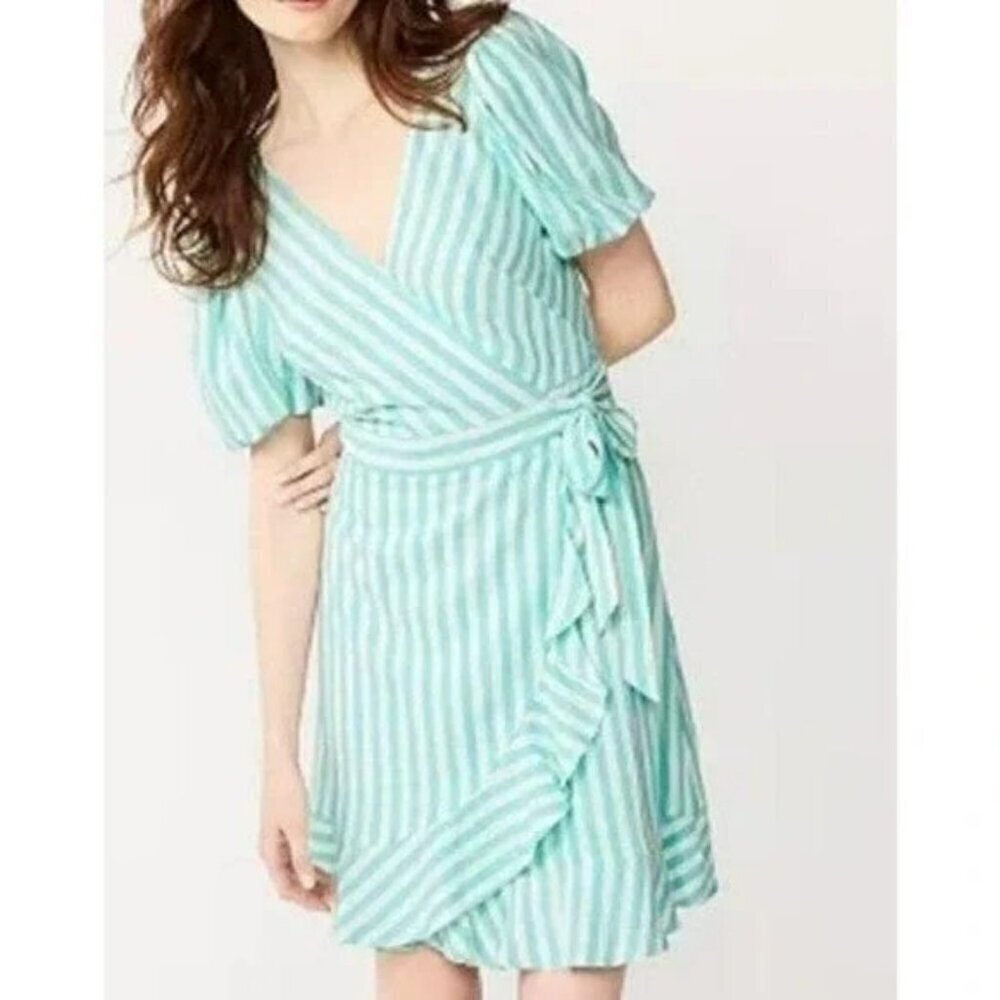 NWT Draper James Teal and White Puff Sleeve True Wrap Linen Mini Dress - Size XL